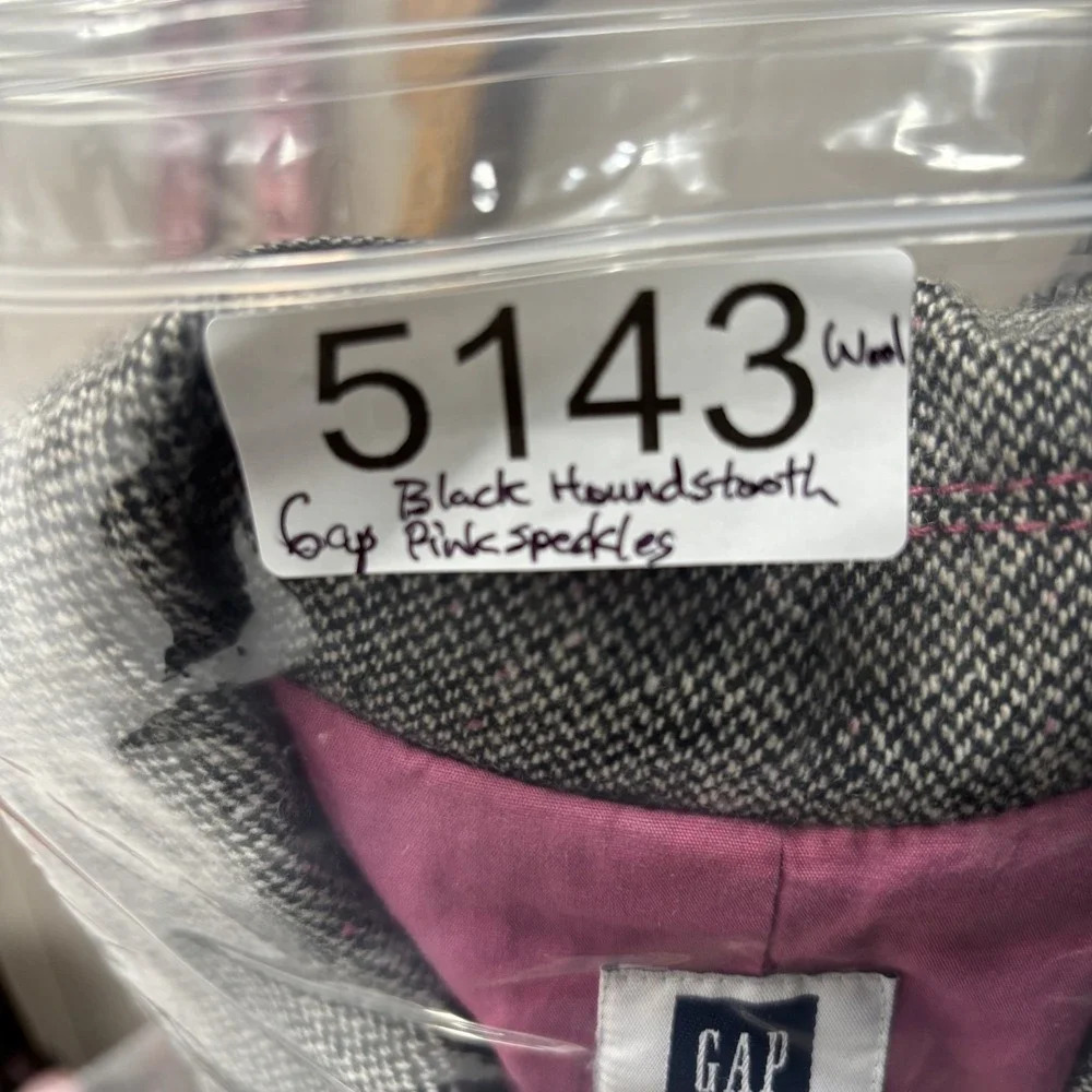 Gap Wool Blend Tweed Jacket‎ Coat Womens 6 XS Black Houndstooth Pink Speckles